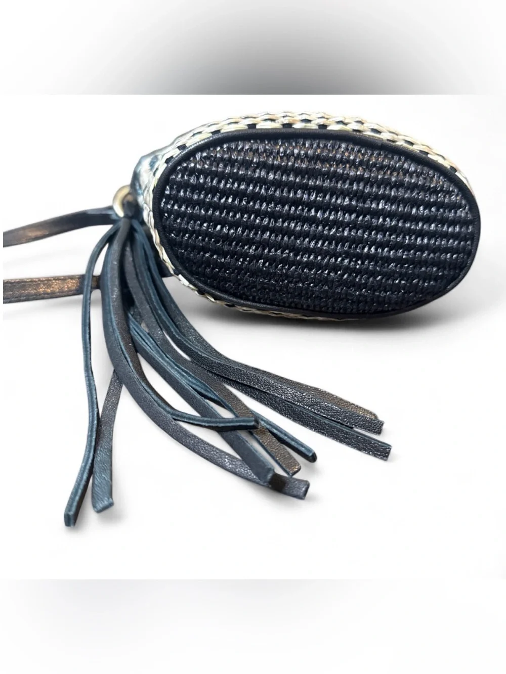 Johnny Was Banda Crochet Bucket Leather Raffia Woven Tassel Boho Western Bag